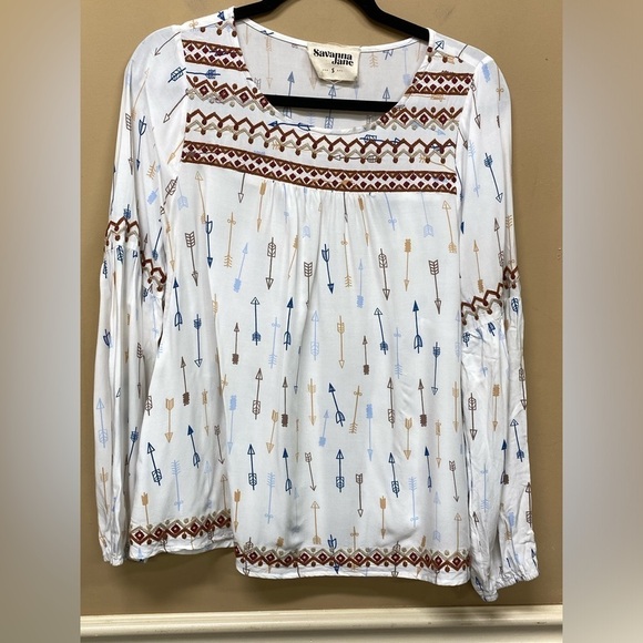 Savanna Jane Blouse  White Arrows Embroidered Boho Peasant Long Sleeve Size S - Picture 1 of 6